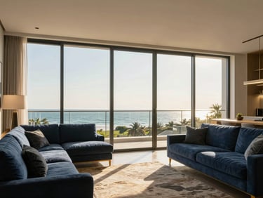 Bright natural daylight illuminating a spacious modern apartment living room with floor-to-ceiling windows overlooking the Mumbai coastline