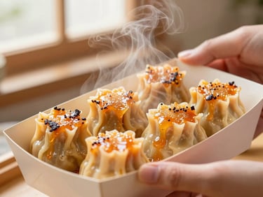 Warm food photography, macro shot of hands holding a box of freshly torched dimsum mentai with bubbling sauce, steam rising, cozy afternoon window light