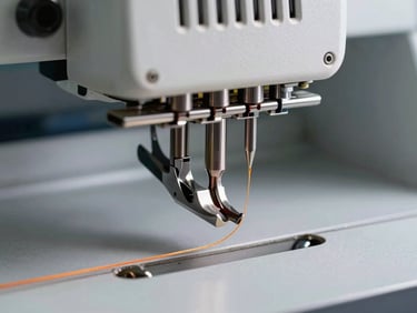 Macro shot of industrial embroidery machine needles in rapid motion, high-contrast directional workshop lighting catching the metallic sheen of the steel and the taut orange thread.