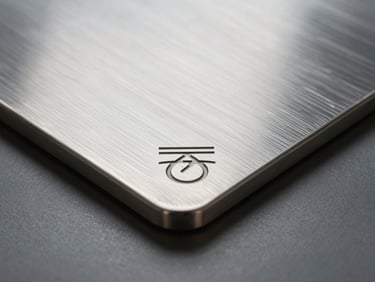 Close-up shot of a laser-engraved stainless steel plate showing clean edges and high contrast textures, cold studio lighting.
