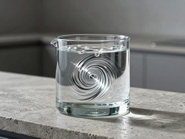 Macro studio shot of a sculptural glass water dispenser on a raw concrete kitchen counter, sharp light refractions through spinning water vortex, minimalist architectural setting.