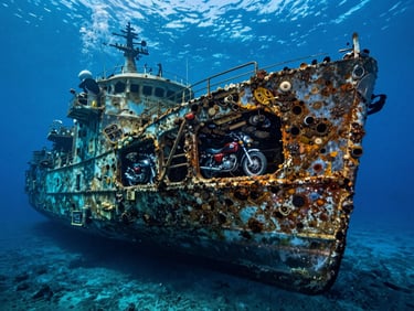 Exterior hull of the SS Thistlegorm wreck submerged in Red Sea, natural light filtering from surface above, motorcycle cargo visible through open hold, wide angle from diver perspective