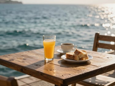 Wooden dock-side café table with a glass of fresh juice and a small plate of bread beside a coffee cup, Red Sea water visible in the background, golden morning light