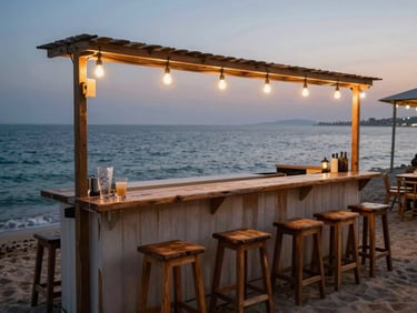 Outdoor beach bar at dusk, wooden stools along a low counter facing the Red Sea, string lights just switched on, condensation on a glass in the foreground, calm water behind