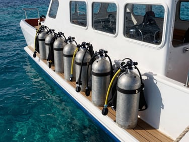 Dive boat moored at a Red Sea jetty, scuba tanks lined along the gunwale, clear turquoise water visible below, direct morning sunlight on the deck and equipment
