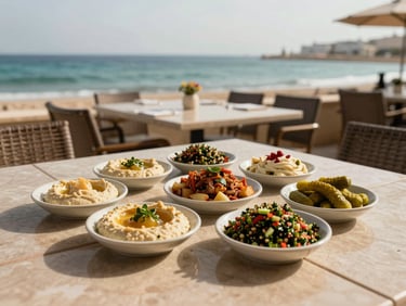 Outdoor restaurant table set with small dishes of mezze — hummus, tabbouleh, pickled vegetables — on a tiled surface in direct afternoon sun, Sharm coastal setting visible behind