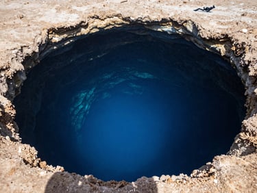 Looking down into the Blue Hole at Dahab, vivid cobalt water column descending into darkness, sandy ledge rim at top, a single diver silhouette at the edge in natural noon light