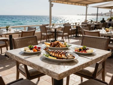 Outdoor restaurant table in Sharm El Sheikh, grilled fish and mezze dishes in natural setting, direct midday sun on a tiled terrace, sea glimpsed through an open-air canopy at the far edge