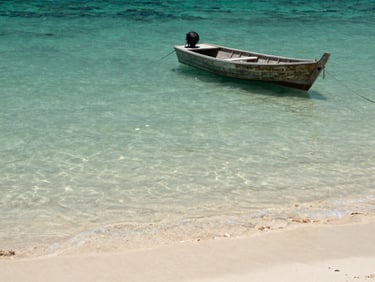 Sharks Bay beach in direct midday sun, shallow turquoise water over sandy bottom, small wooden dive boat anchored close to shore, no crowds visible