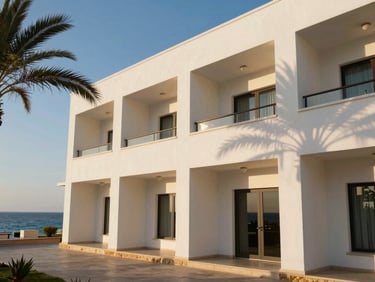 Coastal hotel exterior at Sharm El Sheikh, low afternoon sun casting warm shadows across a white facade, palm fronds at the left edge, Red Sea visible in the background