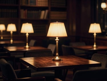Low-key dramatic lighting in a luxury private library lounge, warm lamps casting a golden glow on dark wood tables, shallow depth of field.