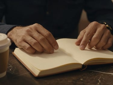 Close-up of hands gesturing over a leather-bound notebook and a coffee cup on a dark marble table, warm ambient lighting.