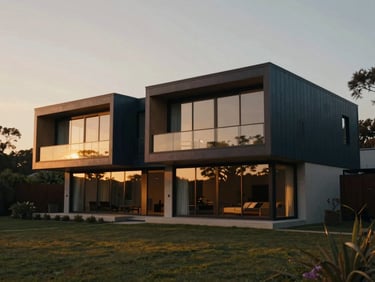 Cinematic wide shot of a modern architectural retreat house nestled in nature at golden hour, soft warm light reflecting on expansive glass windows.