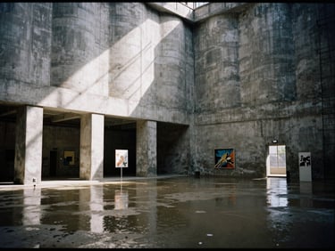 Wide shot of a converted concrete grain silo interior, flooded with dramatic natural light, showcasing art installations and exposed brutalist architecture, 35mm film grain.