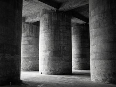 High-contrast black and white photograph of a renovated concrete silo interior, now a modern art gallery, dramatic light, exposed concrete textures
