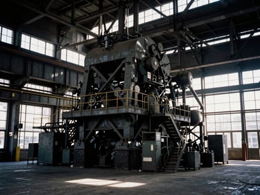 High-contrast interior shot of a refurbished industrial foundry, with exposed steel trusses and large windows, bustling with activity, dramatic natural light, 35mm film grain.