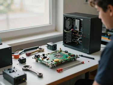 Wide shot of a repair technician's workbench, tools and components arranged on a clean surface, a desktop tower open mid-repair under soft natural window light, no people visible, documentary style