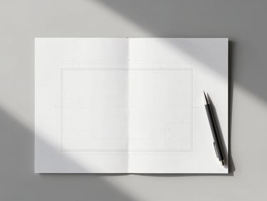 Minimalist overhead desk layout with clean physical blueprints, sharp shadows, and drafting tools on a neutral surface.