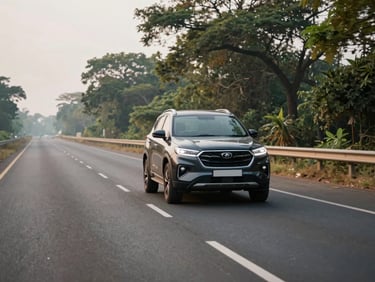 Wide shot of a dark SUV on a smooth Karnataka state highway at morning light, open road ahead, gentle tree line on either side, no passengers visible