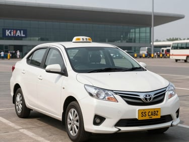 Close three-quarter front view of a clean white sedan parked at Bangalore airport terminal curb in morning daylight, departure hall facade in background, driver-side door visible, no passengers