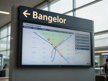 Close-up of Bangalore airport departure hall signage and terminal map board under bright overcast daylight, a traveler's rolling suitcase visible at the edge of the frame, clean functional perspective