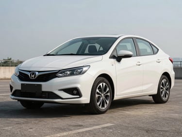 Close three-quarter front of a compact economy sedan in white parked on clean daylight tarmac, driver side visible, polished exterior