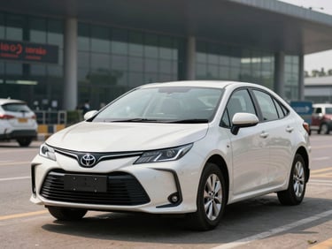 Three-quarter front view of a clean white Toyota sedan parked at a Bangalore airport pickup zone in bright morning daylight, tarmac visible, terminal facade softly out of focus in background