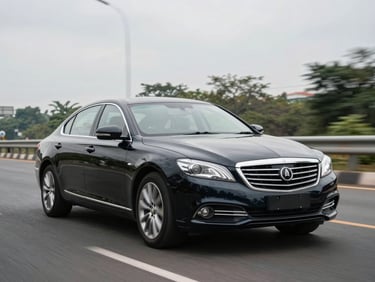 Three-quarter front view of a dark executive sedan on a wide Bangalore highway in bright overcast light, polished bodywork, corporate feel