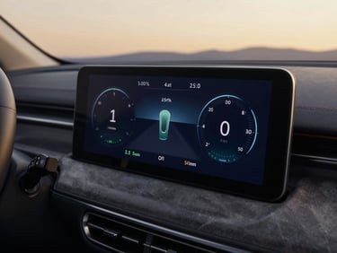 Close-up of a digital dashboard of a modern hybrid luxury vehicle, displaying eco-driving metrics and energy flow, clean studio reflections