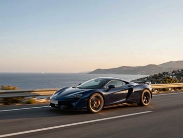 A luxury sports car driving on a scenic coastal highway in Aegean Turkey during golden hour, wide panoramic landscape, premium automotive photography