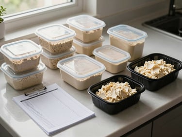 Wide shot of a meal prep spread on a clean countertop — portioned containers, weighed protein, macro tracking sheet beside them, natural window light from above, no people
