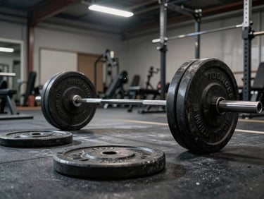Documentary shot of a barbell and weight plates on a gym floor under industrial overhead lighting, chalk dust visible in the air, no people, charcoal and steel tones