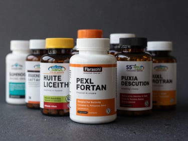 Close-up editorial shot of multiple supplement bottles arranged on a dark matte surface, labels facing forward, natural side lighting from the left, charcoal background, no hands or people