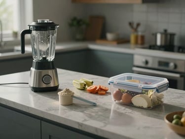 Wide environmental shot of a kitchen counter with a blender, protein powder scoop, and whole ingredients arranged beside a meal prep container, natural overhead daylight, muted tones, no people