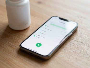 Close-up of a nutrition tracking app on a phone screen resting on a wooden desk beside a vitamin bottle, natural morning light from the side, clean and minimal, no people