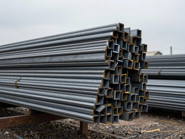 Low-angle heroic shot of bundled cross-ribbed TMT steel bars stacked in an industrial yard under cool overcast daylight, sharp steel textures