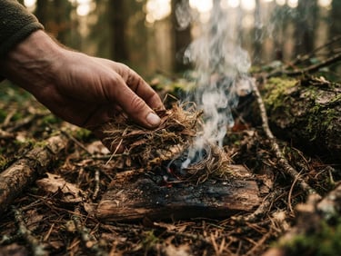 Close-up of a hand placing dry tinder onto a small, smoking friction-fire nest, soft overcast outdoor lighting, natural textures.