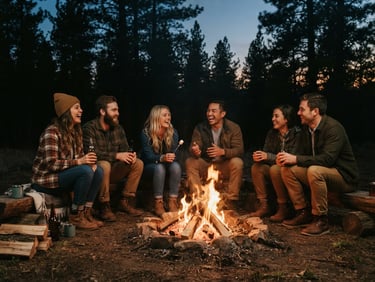 Unposed group of friends sitting on logs around a crackling campfire at dusk, soft orange glow on faces, dark pine forest silhouette in background.