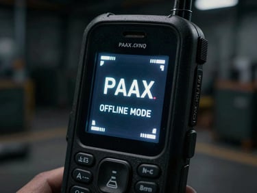 Close-up of a ruggedized mobile device displaying PAAX offline mode indicator, in a low-light industrial setting, screen glow.