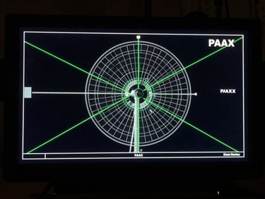 Overhead technical schematic of PAAX data flow, with radar green lines highlighting real-time telemetry, against a dark background.