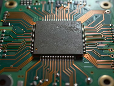 Extreme close-up overhead flat-lay of a vision processor circuit board, fine copper trace lines radiating from a central compute die, cool studio strobe lighting from above emphasizing silicon texture and circuit geometry, no hands, no people