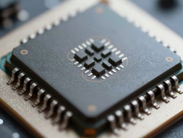 Extreme close-up macro of a speech processing chip die under cool daylight from above, intricate bond wire connections visible against dark substrate, schematic-like clarity, no hands, no people