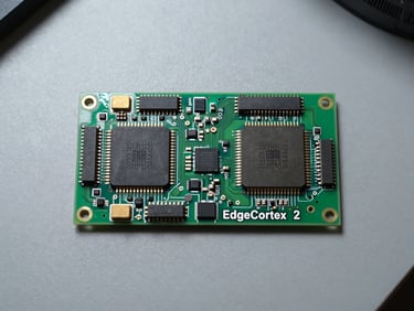 Flat-lay overhead photograph of EdgeCortex Sakura 2 chip module on a clean matte engineering bench surface, cool daylight from above revealing PCB trace geometry and processor package markings, minimal props, no hands or people