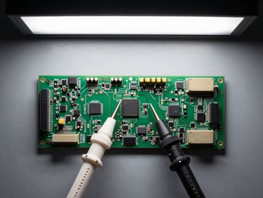 Overhead flat-lay of an engineering workbench showing oscilloscope probe tips touching an LLM inference accelerator board, cool studio strobe from directly above, sharp focus on probe contact points and PCB traces, no hands, no people