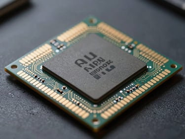 Extreme macro close-up of Memorix edge AI processor chip surface photographed on a clean dark anti-static mat, cool overhead studio strobe light raking across memory cell arrays and logic block boundaries to reveal silicon texture, no text or labels visible