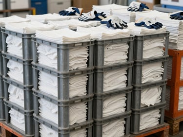 Neatly stacked crates of white cotton cleaning rags and industrial gloves in a clean shipping facility, daylight