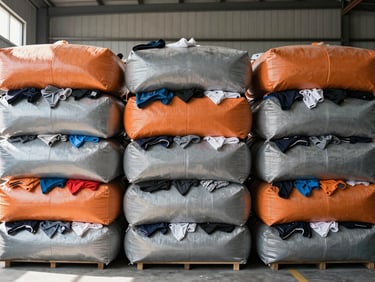 Straight-on medium shot of neatly stacked, color-sorted clothing bales in a bright warehouse, natural daylight