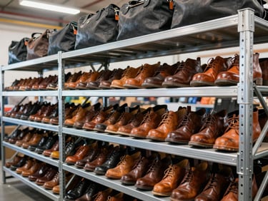 Organized rows of sorted leather shoes and bags on industrial metal shelving, bright overhead warehouse lighting