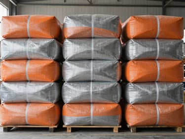 Straight-on medium shot of neatly stacked, export-ready bales of graded textiles in a clean warehouse, bright overhead lighting, cool steel and cargo orange tones, sharp focus, 35mm