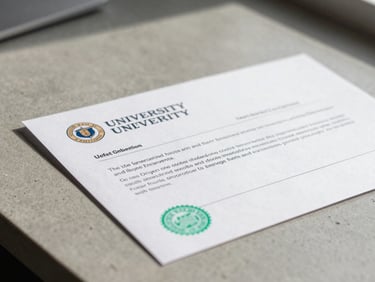 Macro shot of an official university enrollment letter with a green stamp, resting on a clean concrete desk under bright equatorial daylight.